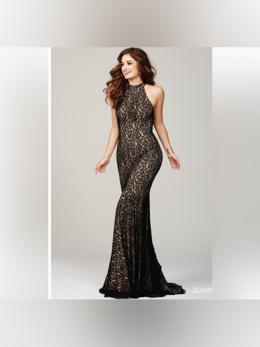 Jovani Black Lace Over Nude Halter Maxi Gown